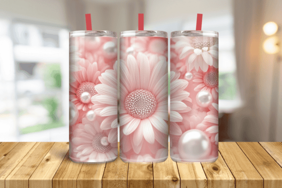 3D Glass Flowers Tumbler Wrap, Pink White Graphics and Tumbler Wraps