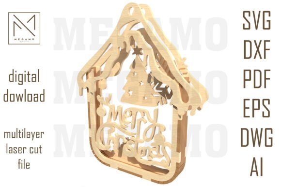 Merry Christmas House Ornament SVG for Laser Cutting and Winter Amp Projects
