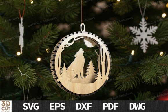 Wolf Howling Moon Ornament SVG for Laser Cutting and Winter Amp